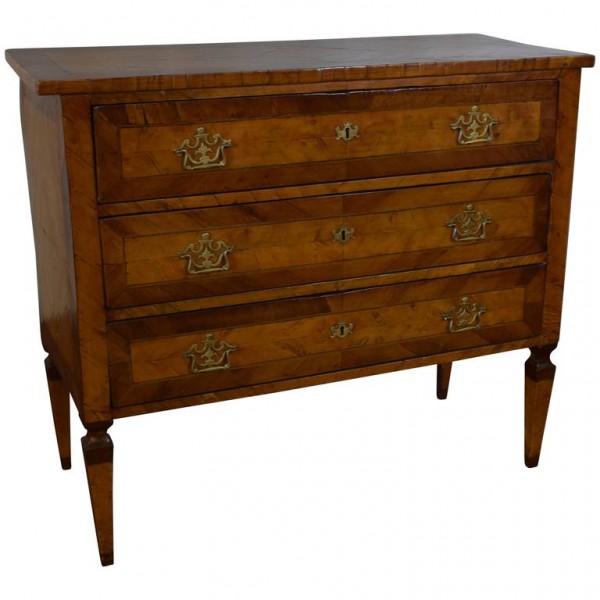 Veneered Walnut 3-Drawer Commode with Original Brass Hardware