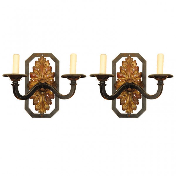 Pair of Iron and Gilt Metal 2-Light Sconces