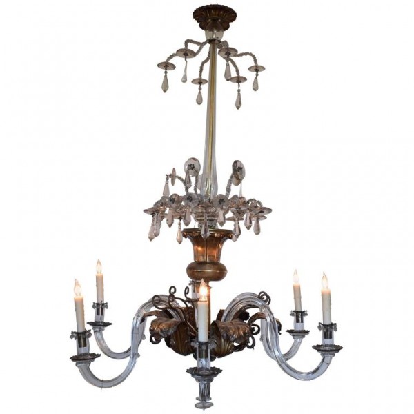 Brass and Glass 6-Light Chandelier, UL Wired