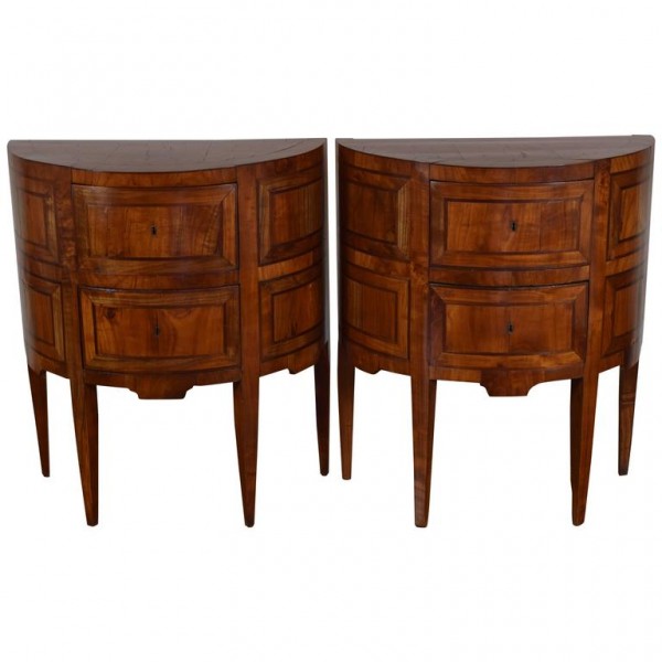 Pair of Walnut and Mixed Walnut Veneered Demilune Commodes
