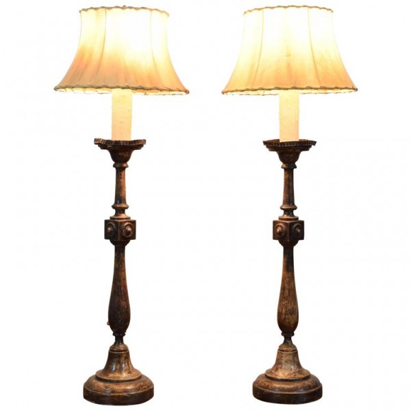 Pair of Turned and Carved Wood Candlestick Lamps