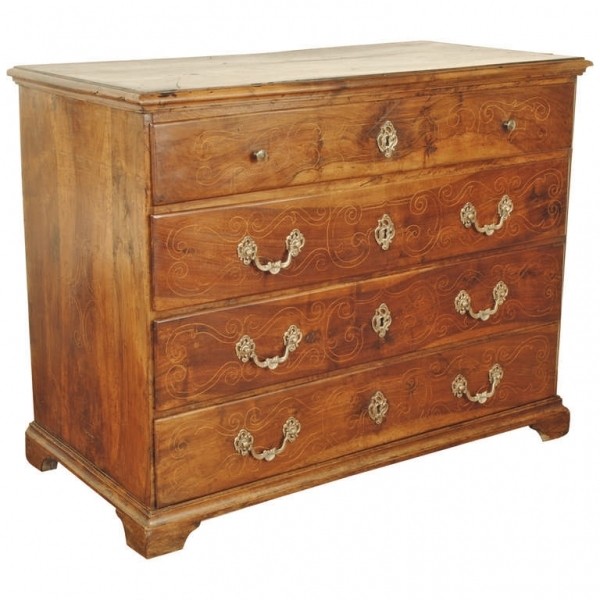 Walnut and Inlaid 4-Drawer Commode