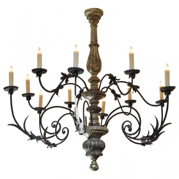 Large Silver Gilt and Wrought Iron 12-Light Chandelier, UL Wired