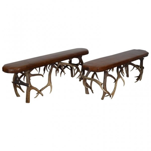 Pair of Deer Horn and Leather Upholstered Benches