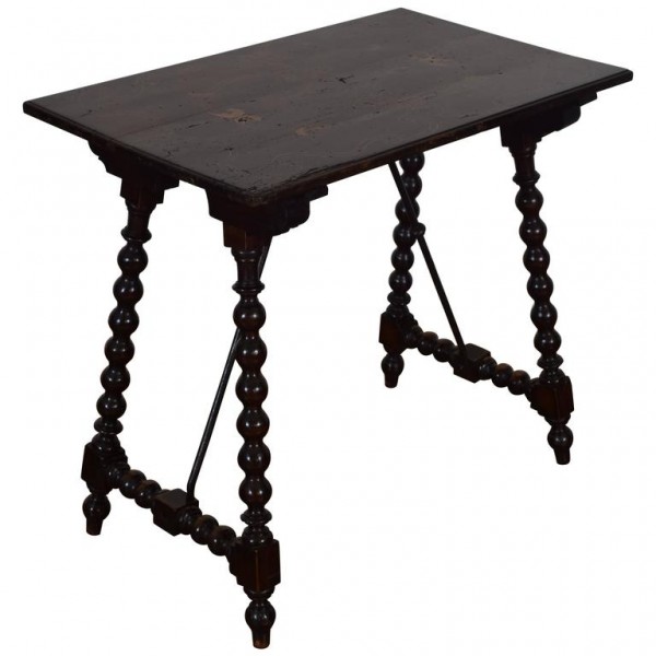 Walnut and Inlaid Side Table with Iron Stretcher