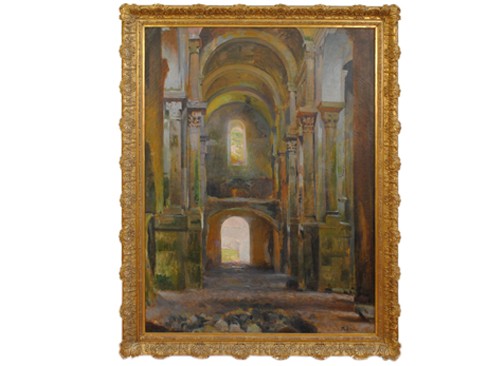 Large Oil on Canvas, Interior Sant Pere de Rode, J. Padilla
