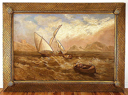 Oil on Canvas, Sailors Advancing Toward Boat in Rough Seas