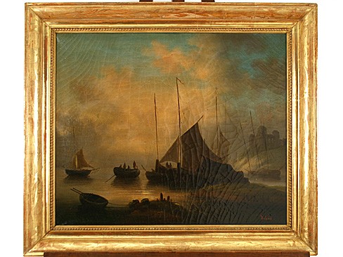 Oil on Canvas, Boats and Fishermen in a Harbor with a Ruined Fortress 