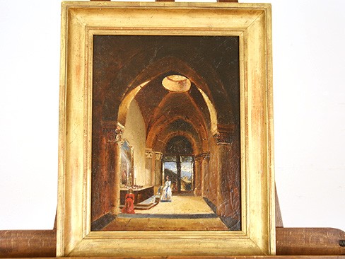 Oil on Canvas of Figures in a Chapel Interior
