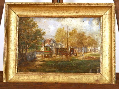 Oil on Board, Horsedrawn Carts in a Village