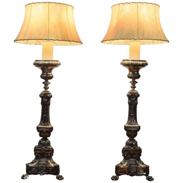 Pair of Large Silvered Brass Candlestick Lamps
