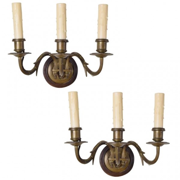Pair of Brass 3-Arm Wall Sconces