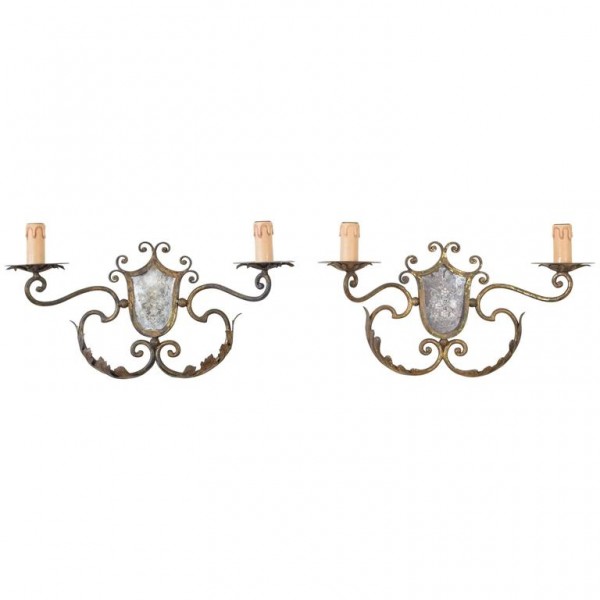 Pair of Gilt Metal and Mirrored 2-Arm Sconces
