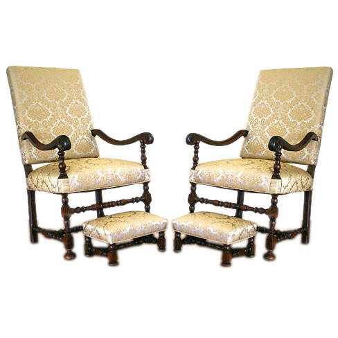 Pair of Walnut Armchairs with Accompanying Footstools