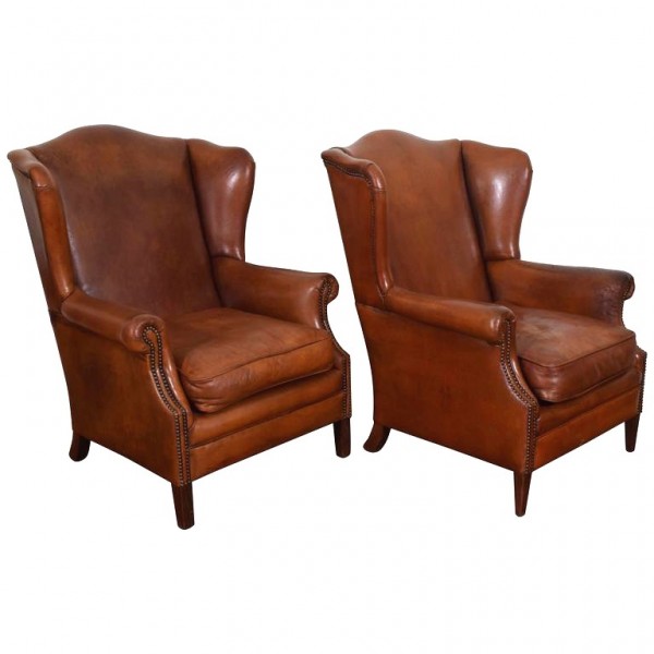 Pair of Chestnut Leather Wing Chairs