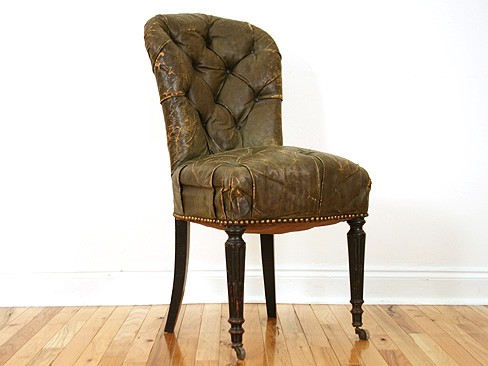 Side Chair Upholstered in Original Green Tufted Leather