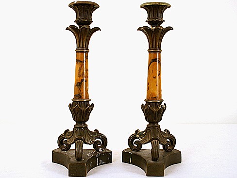 Pair of French Bronze and Italian Giallo Siena Classico Marble Candlesticks