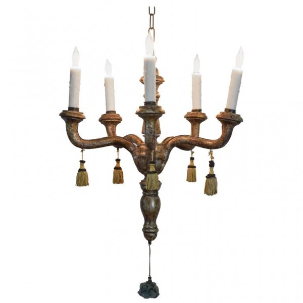 Diminutive Carved Giltwood 5-Light Chandelier