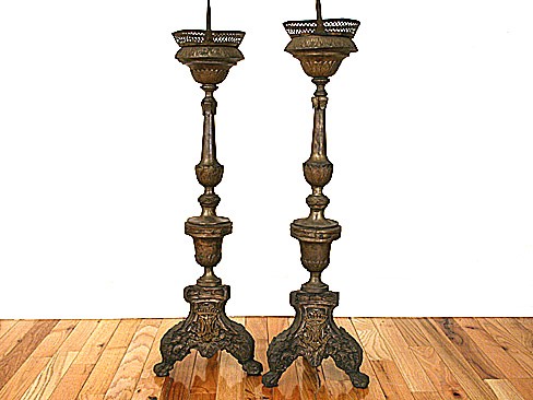 Pair of Silvered Brass Torcheres