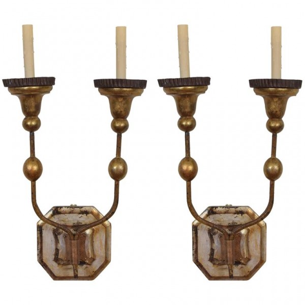 Pair of Gilt Iron and Giltwood Wall Sconces