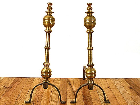 Pair of Wrought Iron and Bronze Andirons