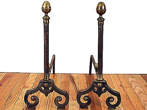 Pair of Cast Iron and Brass Andirons with Brass Acorn Finial