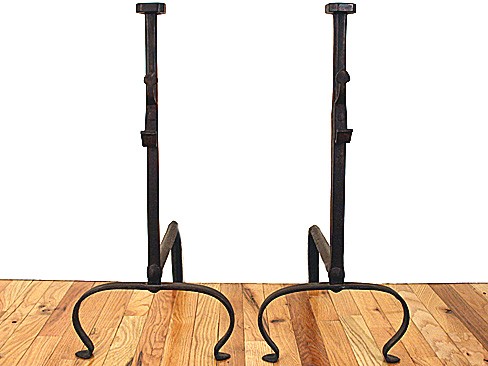 Pair of Wrought Iron Andirons with Octagonal Finials