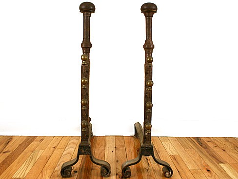 Pair of Tall Cast and Wrought Iron Andirons with 4 Sets of Brass Finials
