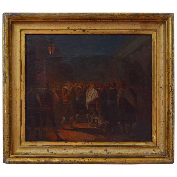 Oil on Canvas Depicting a Nocturnal Gathering Under a Lantern