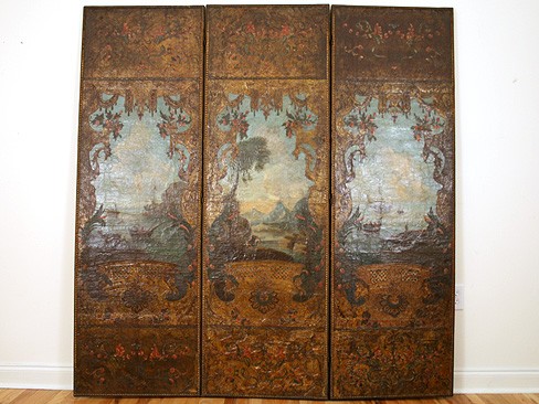 Elegant Embossed Polychromed Leather Trompe l'Oeil Screen