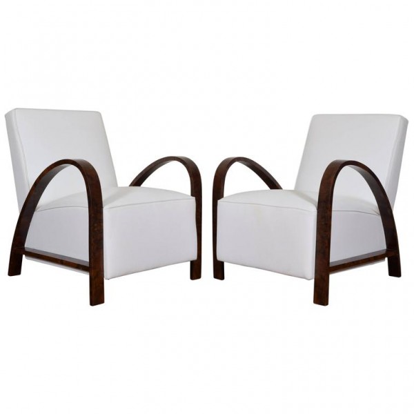 Pair of Bentwood Lounge Chairs Upholstered in White Leather