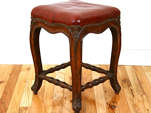 Carved Walnut and Red Leather Stool
