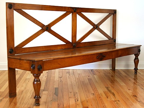 Light Walnut Hall Bench with Double X-Form Back