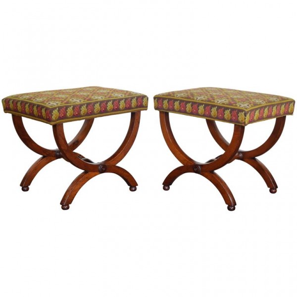 Pair of Walnut Curule-Form Benches