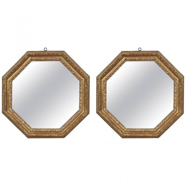 Pair of Carved Giltwood Octagonal Mirrors