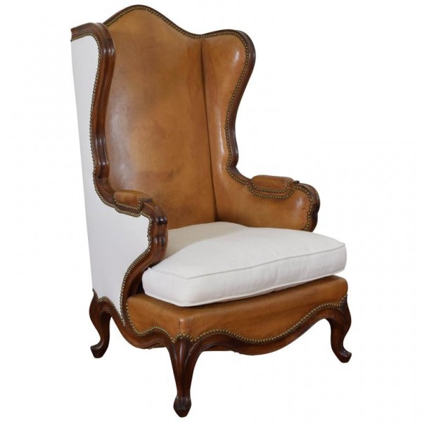 Walnut, Leather, and Linen Upholstered Bergere