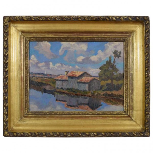 Oil on Board, House on a Lake with Distant Village