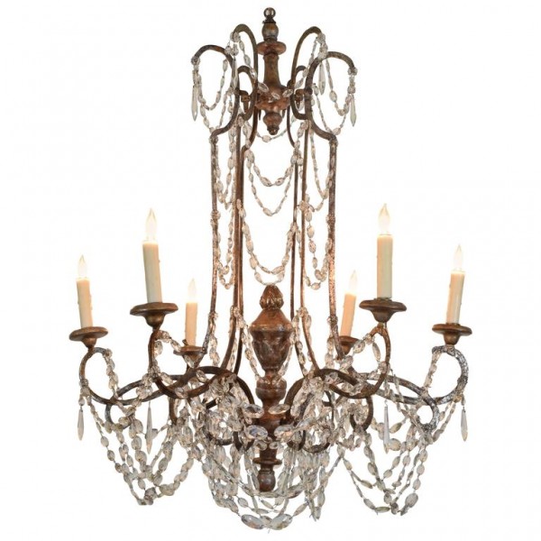 Silver Gilt Iron and Wooden 6-Light Chandelier
