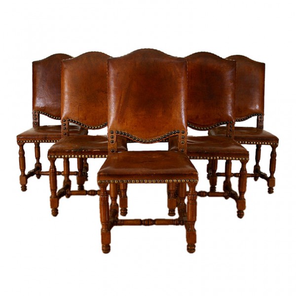 Set of 6 Oak and Leather Upholstered Dining Chairs