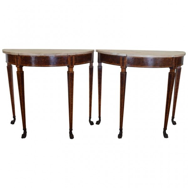 Pair of Demilune Console Tables with Marble Tops