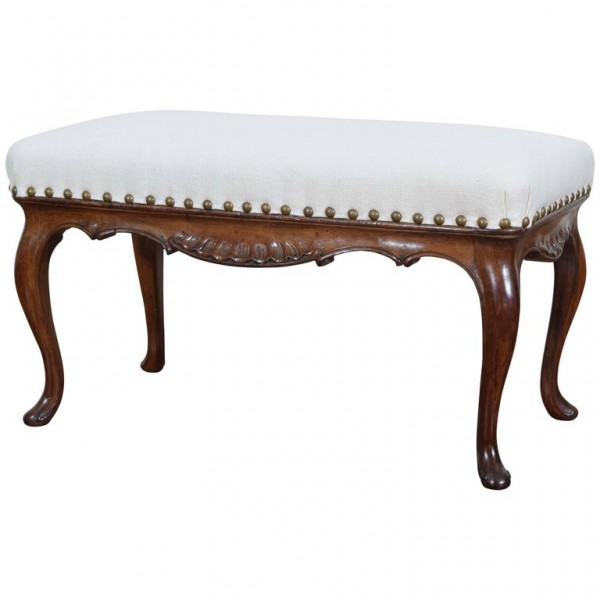 Carved Walnut and Upholstered Bench