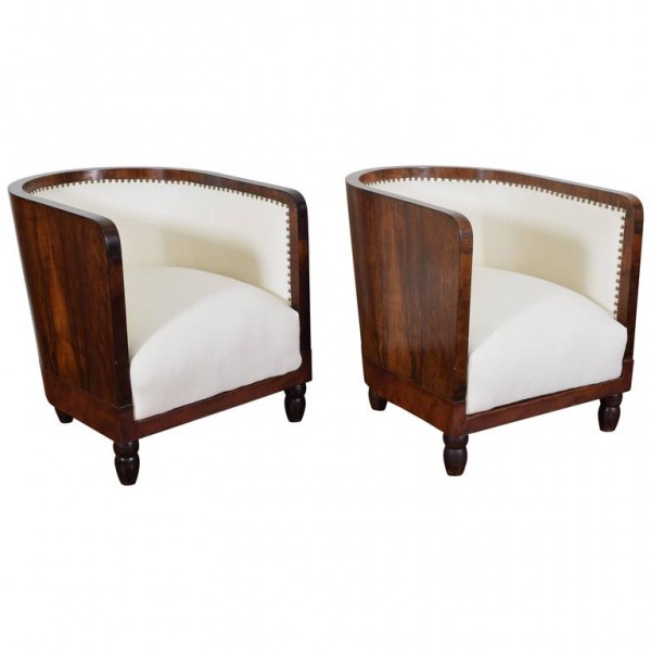 Pair of Walnut and Upholstered Barrel Chairs