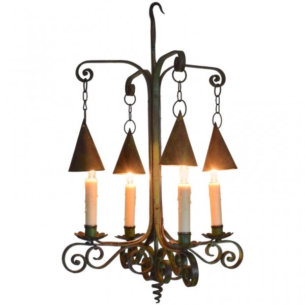 Wrought and Green Painted Iron 4-Light Chandelier