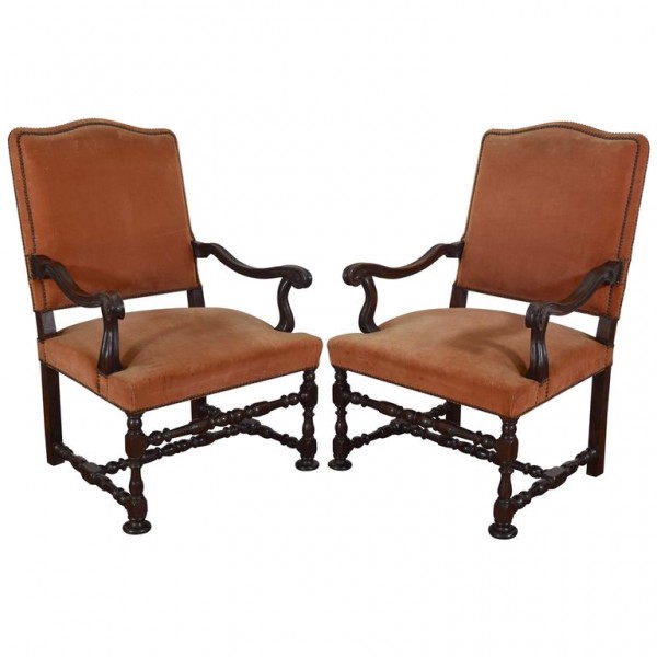 Pair of Walnut and Upholstered Armchairs