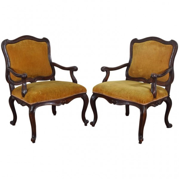 Pair of Walnut and Upholstered Armchairs