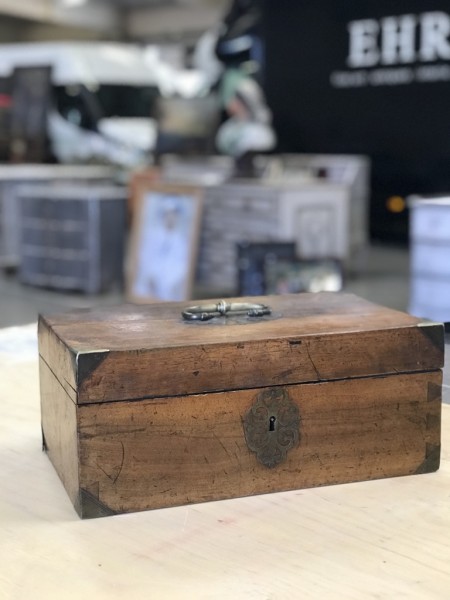 Walnut Captain's Box with Original Brass Pierced Lock, Corner Mounts