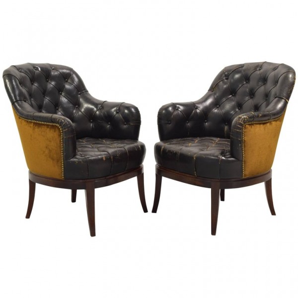 Pair of Tufted Leather and Velvet Upholstered Bergeres