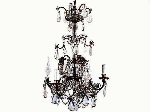 6-Light (3-down) Bronze, Crystal, and Glass Chandelier
