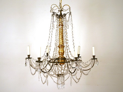 Giltwood, Brass, and Crystal 6-Light Chandelier