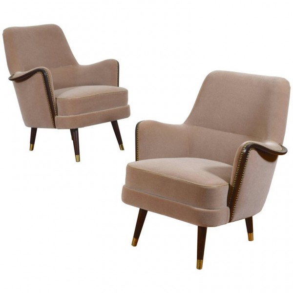 Pair of Mahogany and Brass Bergeres with Mohair Upholstery